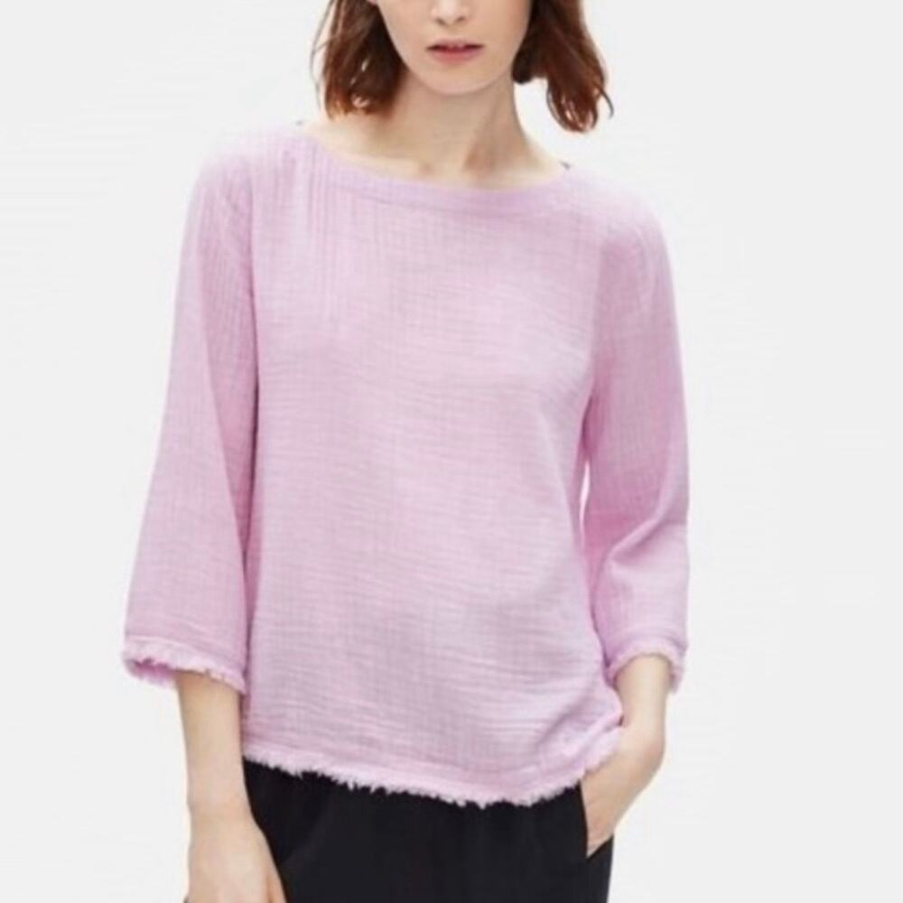 Eileen Fisher size S Organic Cotton Gauze Boxy Top Raw Hem Mallow Purple